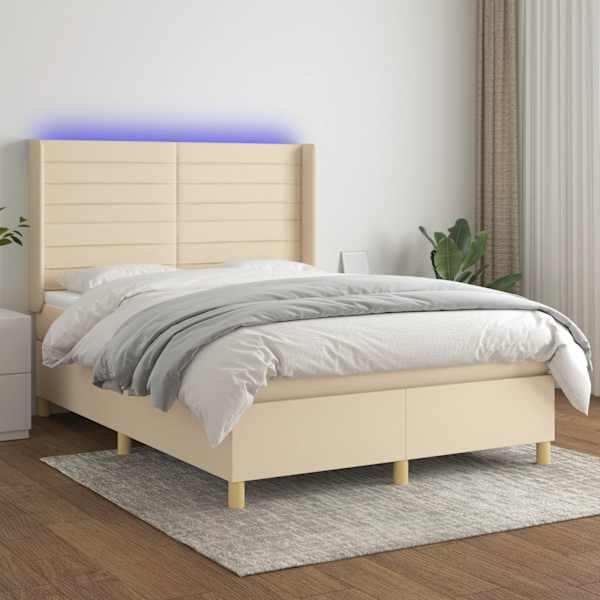 LED-valgustusega kontinentaalvoodi koos madratsiga, kreemjasvalge, 140 × 190 cm, kangas — mudel 3138954