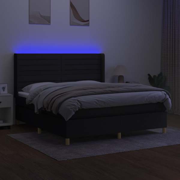 LED-valgustusega kontinentaalvoodi koos madratsiga, must, 160 × 200 cm, kangas — mudel 3138967
