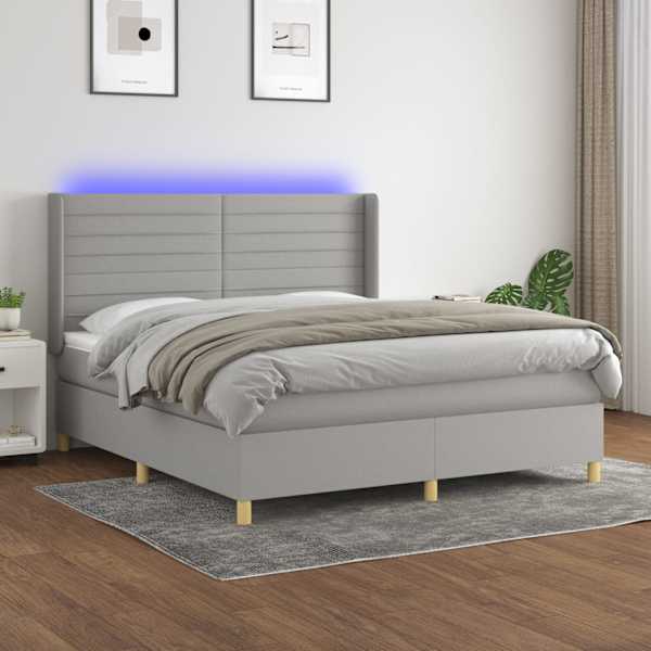 LED-valgustusega kontinentaalvoodi koos madratsiga, helehall, 180 × 200 cm, kangas — mudel 3138973