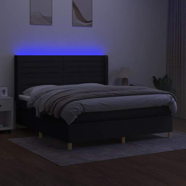 LED-valgustusega kontinentaalvoodi koos madratsiga, must, 180 × 200 cm, kangas — mudel 3138975