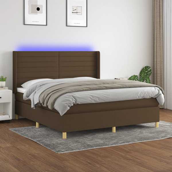 LED-valgustusega kontinentaalvoodi koos madratsiga, tumepruun, 180 × 200 cm, kangas — mudel 3138976