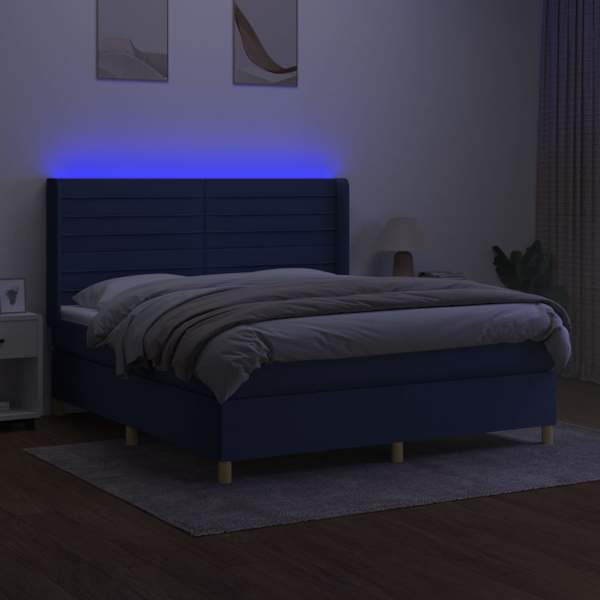 LED-valgustusega kontinentaalvoodi koos madratsiga, sinine, 180 × 200 cm, kangas — mudel 3138979