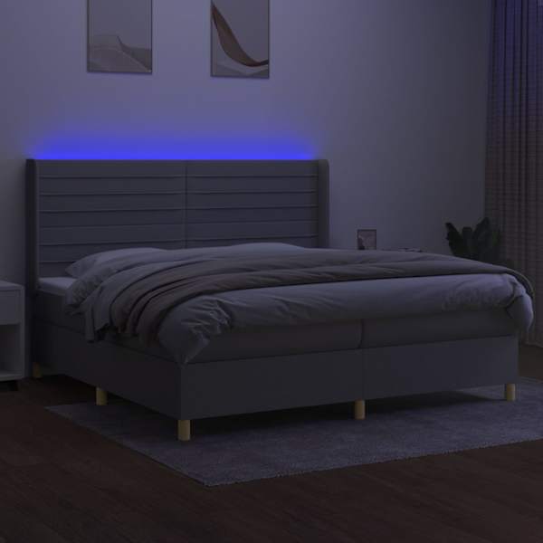 LED-valgustusega kontinentaalvoodi koos 2 madratsiga, helehall, 200 × 200 cm, kangas — mudel 3138981