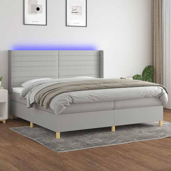 LED-valgustusega kontinentaalvoodi koos 2 madratsiga, helehall, 200 × 200 cm, kangas — mudel 3138981