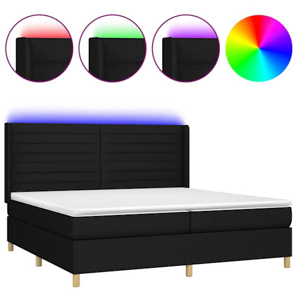 LED-valgustusega kontinentaalvoodi koos 2 madratsiga, must, 200 × 200 cm, kangas — mudel 3138983