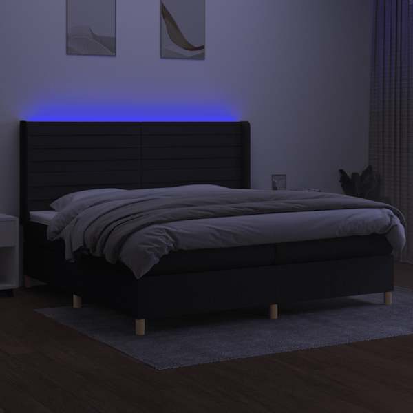LED-valgustusega kontinentaalvoodi koos 2 madratsiga, must, 200 × 200 cm, kangas — mudel 3138983
