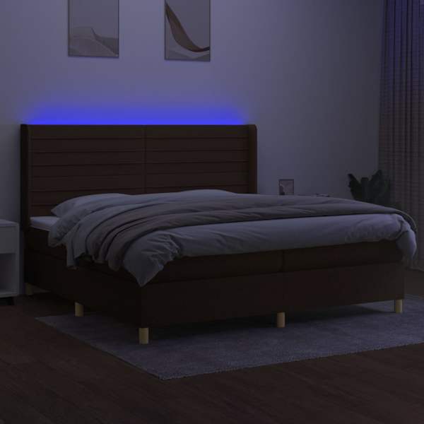LED-valgustusega kontinentaalvoodi koos 2 madratsiga, tumepruun, 200 × 200 cm, kangas — mudel 3138984