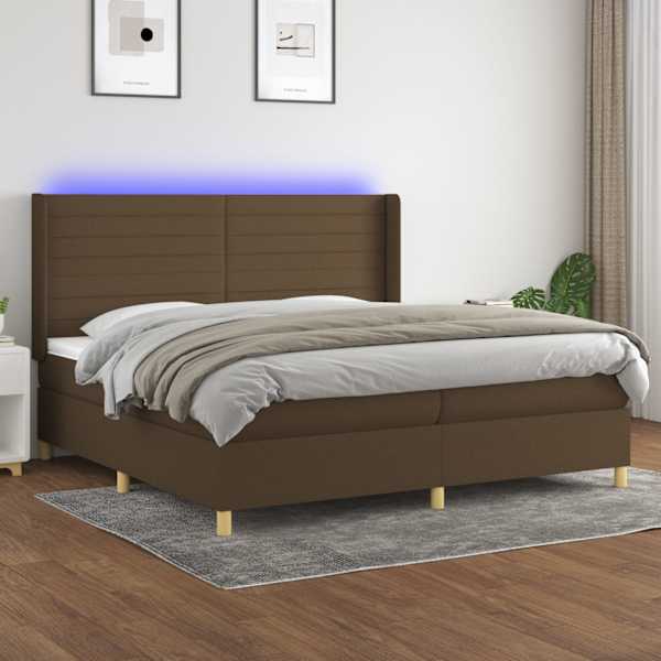 LED-valgustusega kontinentaalvoodi koos 2 madratsiga, tumepruun, 200 × 200 cm, kangas — mudel 3138984