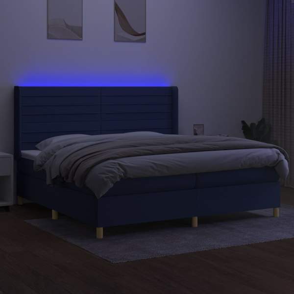 LED-valgustusega kontinentaalvoodi koos 2 madratsiga, sinine, 200 × 200 cm, kangas — mudel 3138987