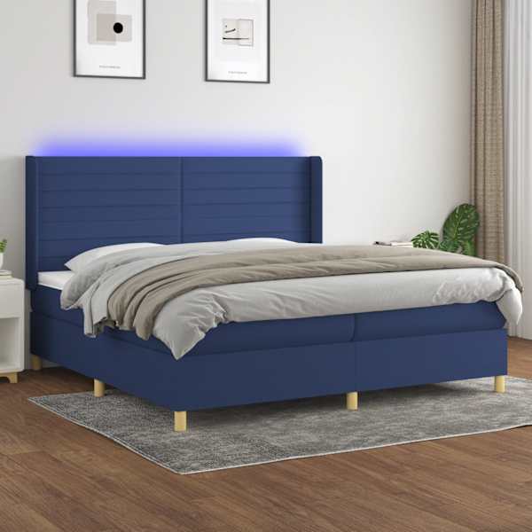 LED-valgustusega kontinentaalvoodi koos 2 madratsiga, sinine, 200 × 200 cm, kangas — mudel 3138987