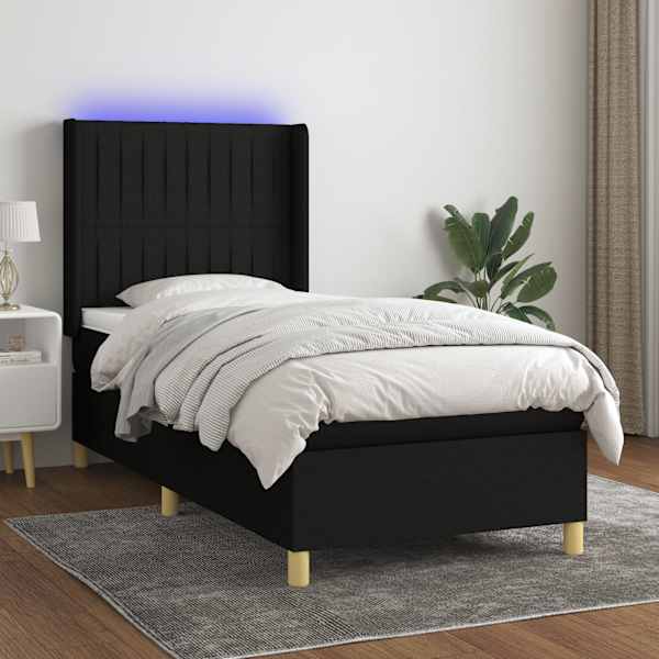 LED-valgustusega kontinentaalvoodi koos madratsiga, must, 80 × 200 cm, kangas — mudel 3138991
