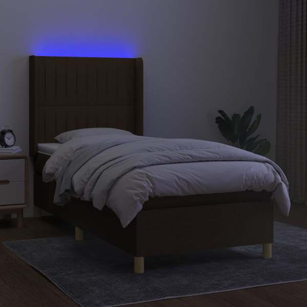 LED-valgustusega kontinentaalvoodi koos madratsiga, tumepruun, 90 × 190 cm, kangas — mudel 3139000