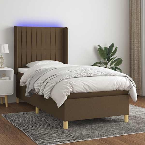LED-valgustusega kontinentaalvoodi koos madratsiga, tumepruun, 90 × 190 cm, kangas — mudel 3139000