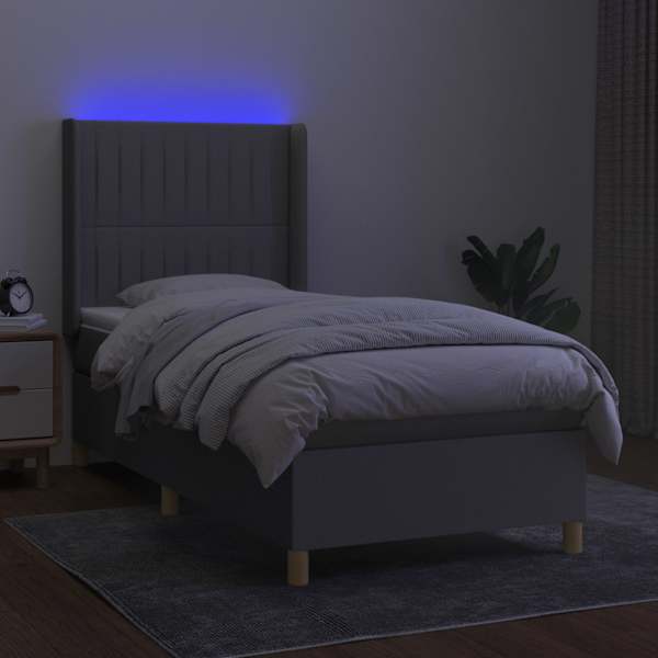 LED-valgustusega kontinentaalvoodi koos madratsiga, helehall, 100 × 200 cm, kangas — mudel 3139013