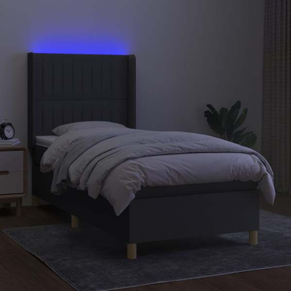 LED-valgustusega kontinentaalvoodi koos madratsiga, tumehall, 100 × 200 cm, kangas — mudel 3139014