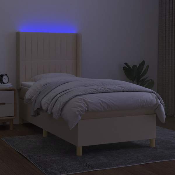 LED-valgustusega kontinentaalvoodi koos madratsiga, kreemjasvalge, 100 × 200 cm, kangas — mudel 3139018