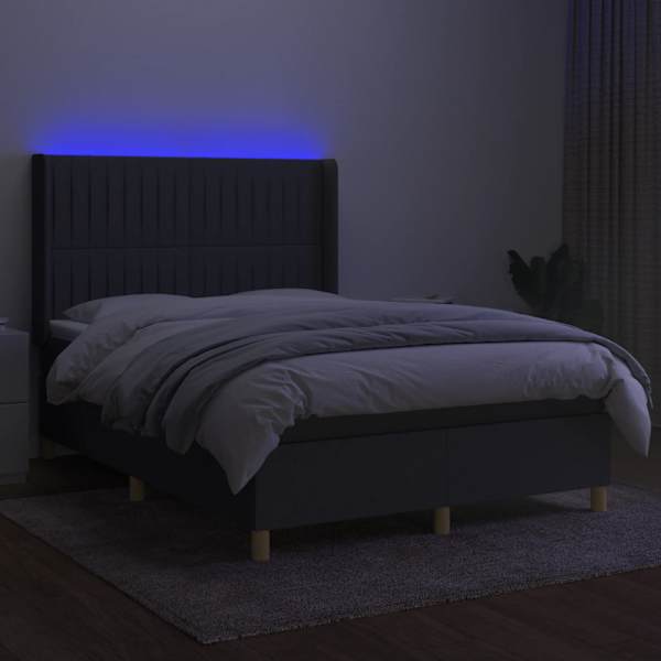 LED-valgustusega kontinentaalvoodi koos madratsiga, tumehall, 140 × 190 cm, kangas — mudel 3139030