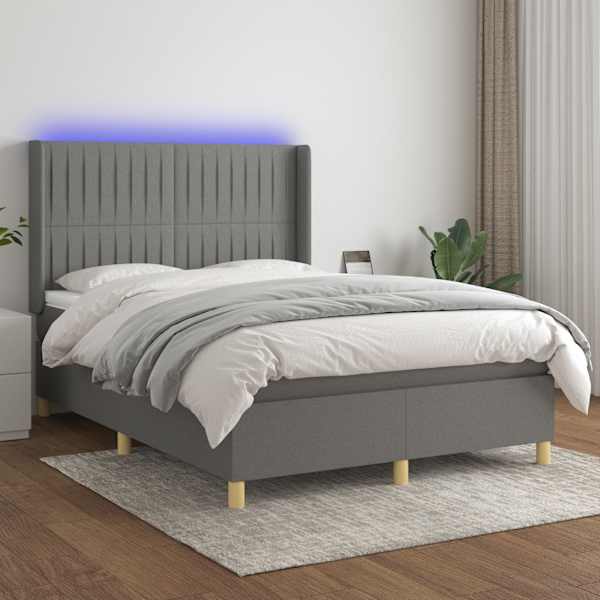 LED-valgustusega kontinentaalvoodi koos madratsiga, tumehall, 140 × 190 cm, kangas — mudel 3139030