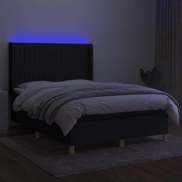 LED-valgustusega kontinentaalvoodi koos madratsiga, must, 140 × 190 cm, kangas — mudel 3139031