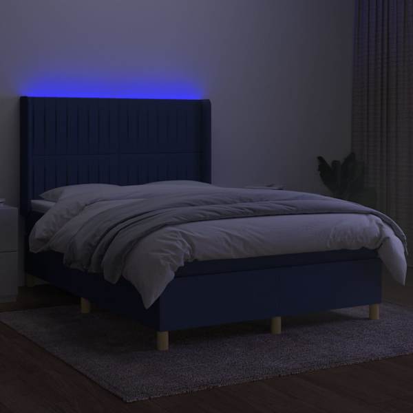 LED-valgustusega kontinentaalvoodi koos madratsiga, sinine, 140 × 190 cm, kangas — mudel 3139035