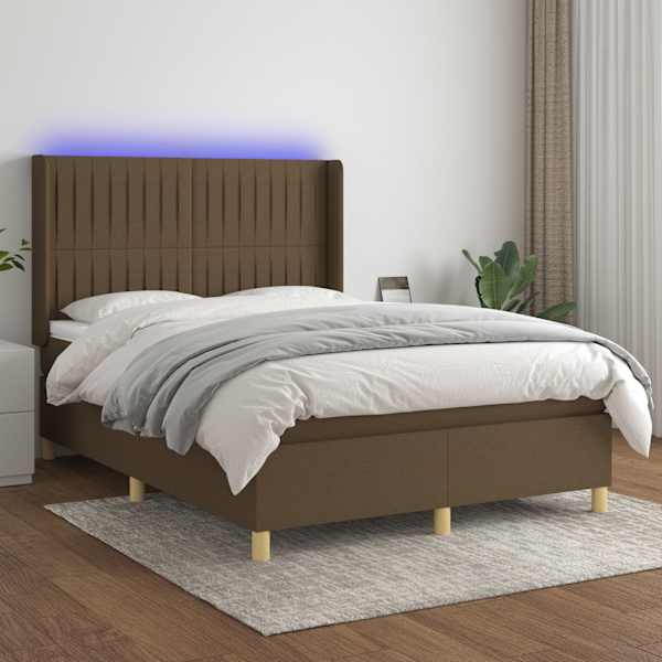 LED-valgustusega kontinentaalvoodi koos madratsiga, tumepruun, 140 × 200 cm, kangas — mudel 3139040
