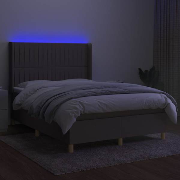 LED-valgustusega kontinentaalvoodi koos madratsiga, pruunikashall, 140 × 200 cm, kangas — mudel 3139041