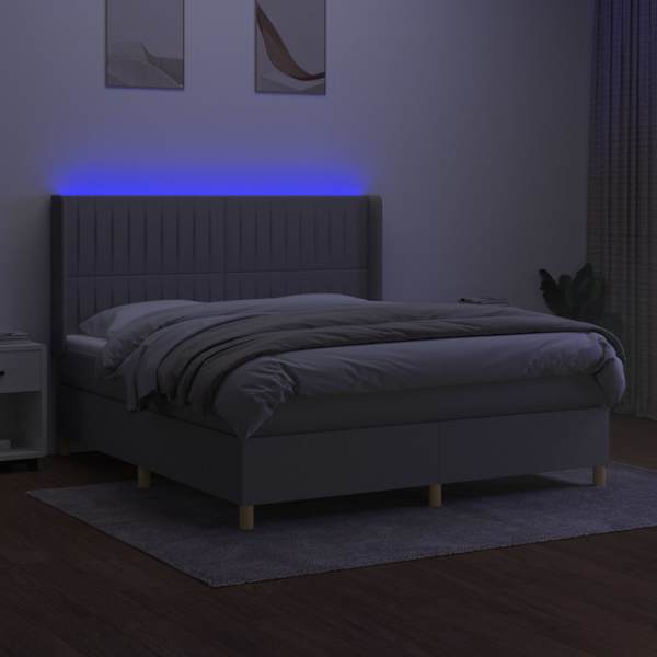 LED-valgustusega kontinentaalvoodi koos madratsiga, helehall, 160 × 200 cm, kangas — mudel 3139045