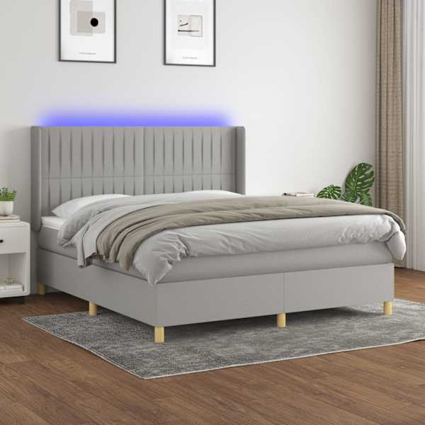 LED-valgustusega kontinentaalvoodi koos madratsiga, helehall, 160 × 200 cm, kangas — mudel 3139045