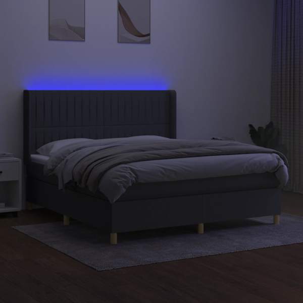 LED-valgustusega kontinentaalvoodi koos madratsiga, tumehall, 160 × 200 cm, kangas — mudel 3139046