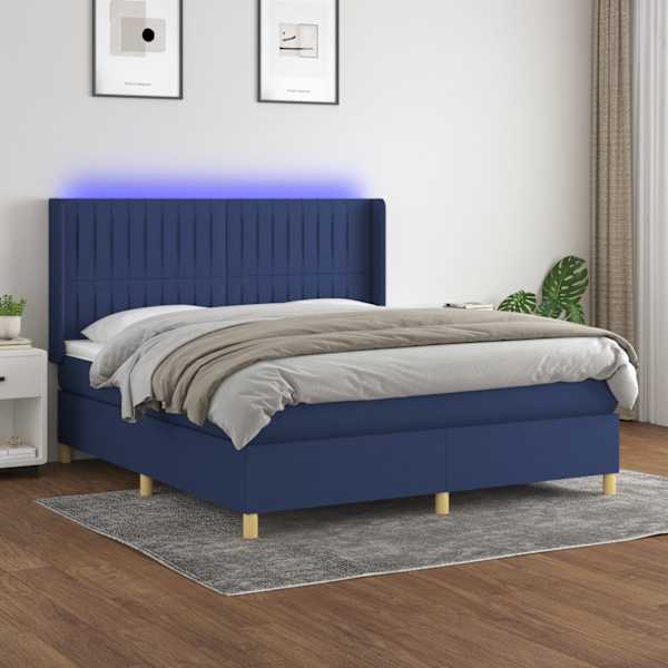 LED-valgustusega kontinentaalvoodi koos madratsiga, sinine, 180 × 200 cm, kangas — mudel 3139059