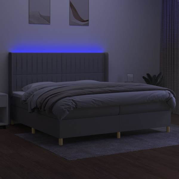 LED-valgustusega kontinentaalvoodi koos 2 madratsiga, helehall, 200 × 200 cm, kangas — mudel 3139061