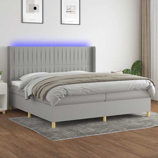 LED-valgustusega kontinentaalvoodi koos 2 madratsiga, helehall, 200 × 200 cm, kangas — mudel 3139061
