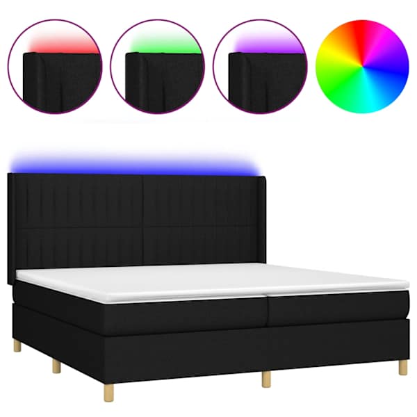 LED-valgustusega kontinentaalvoodi koos 2 madratsiga, must, 200 × 200 cm, kangas — mudel 3139063