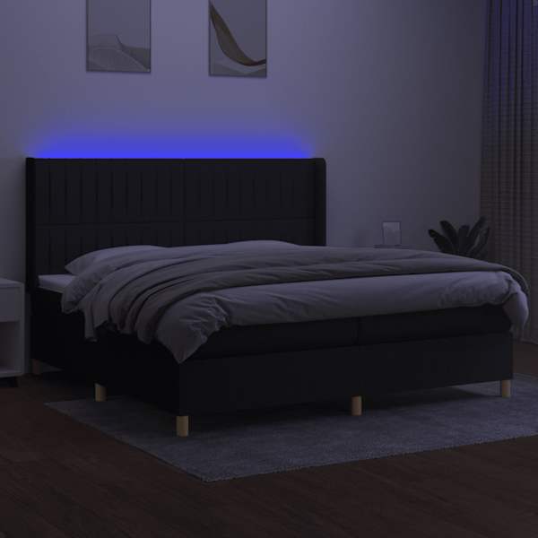LED-valgustusega kontinentaalvoodi koos 2 madratsiga, must, 200 × 200 cm, kangas — mudel 3139063
