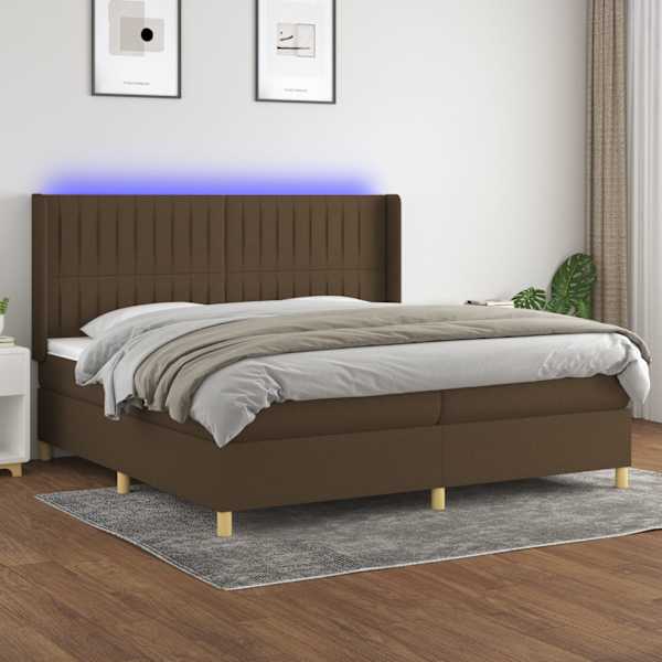 LED-valgustusega kontinentaalvoodi koos 2 madratsiga, tumepruun, 200 × 200 cm, kangas — mudel 3139064