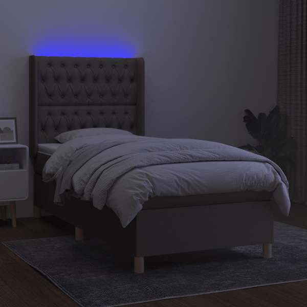 LED-valgustusega kontinentaalvoodi koos madratsiga, pruunikashall, 90 × 190 cm, kangas — mudel 3139081
