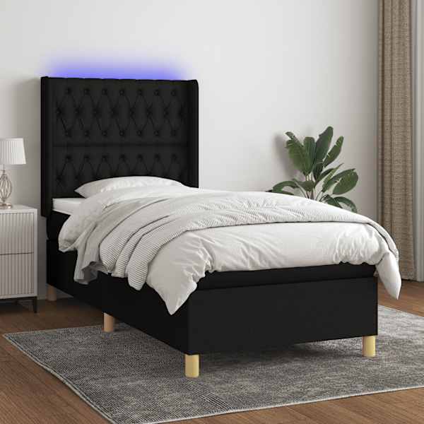 LED-valgustusega kontinentaalvoodi koos madratsiga, must, 90 × 200 cm, kangas — mudel 3139087