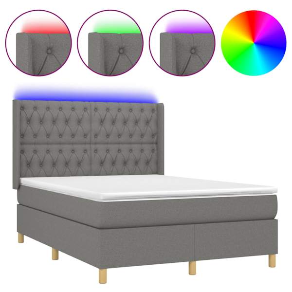 LED-valgustusega kontinentaalvoodi koos madratsiga, tumehall, 140 × 190 cm, kangas — mudel 3139110