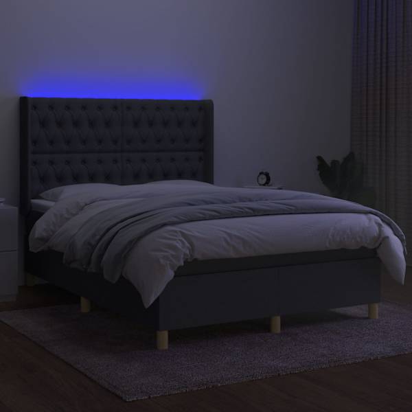 LED-valgustusega kontinentaalvoodi koos madratsiga, tumehall, 140 × 190 cm, kangas — mudel 3139110
