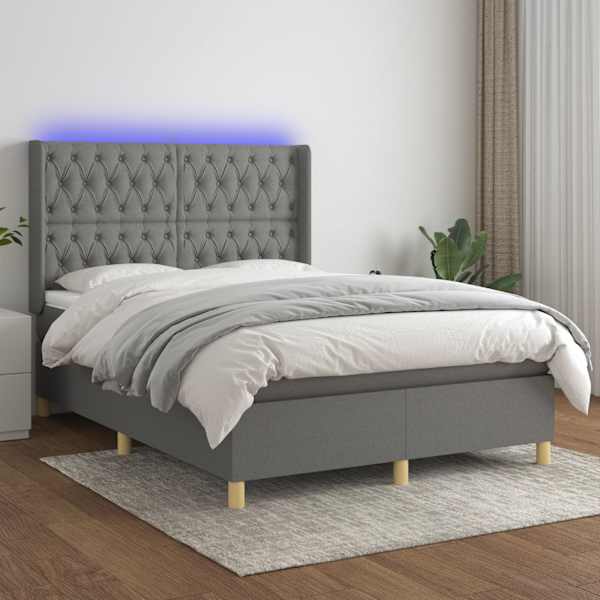 LED-valgustusega kontinentaalvoodi koos madratsiga, tumehall, 140 × 190 cm, kangas — mudel 3139110