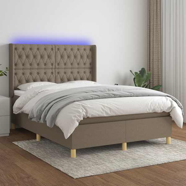 LED-valgustusega kontinentaalvoodi koos madratsiga, pruunikashall, 140 × 190 cm, kangas — mudel 3139113