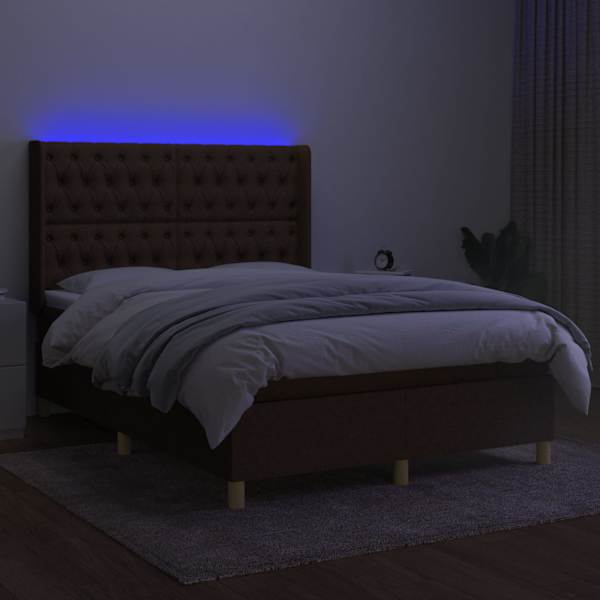 LED-valgustusega kontinentaalvoodi koos madratsiga, tumepruun, 140 × 200 cm, kangas — mudel 3139120