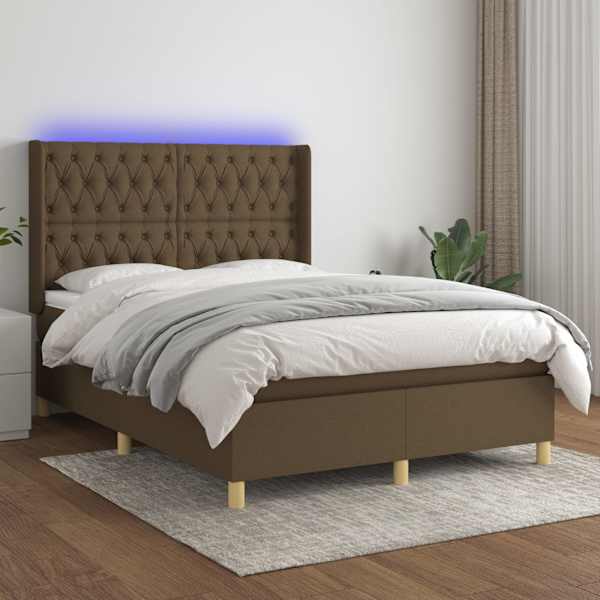 LED-valgustusega kontinentaalvoodi koos madratsiga, tumepruun, 140 × 200 cm, kangas — mudel 3139120