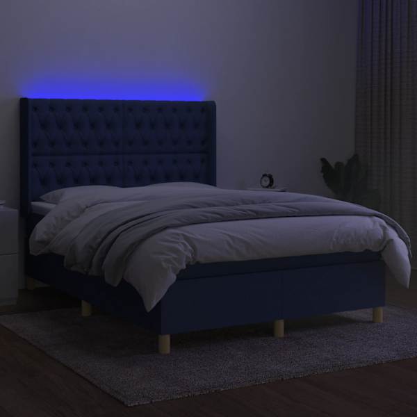 LED-valgustusega kontinentaalvoodi koos madratsiga, sinine, 140 × 200 cm, kangas — mudel 3139123