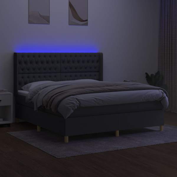 LED-valgustusega kontinentaalvoodi koos madratsiga, tumehall, 160 × 200 cm, kangas — mudel 3139126