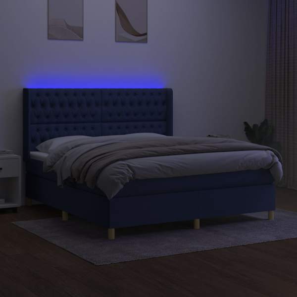 LED-valgustusega kontinentaalvoodi koos madratsiga, sinine, 160 × 200 cm, kangas — mudel 3139131