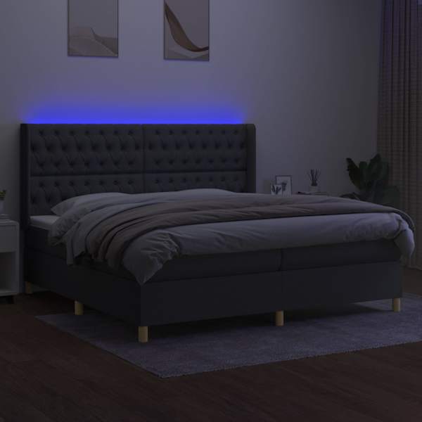 LED-valgustusega kontinentaalvoodi koos 2 madratsiga, tumehall, 200 × 200 cm, kangas — mudel 3139142