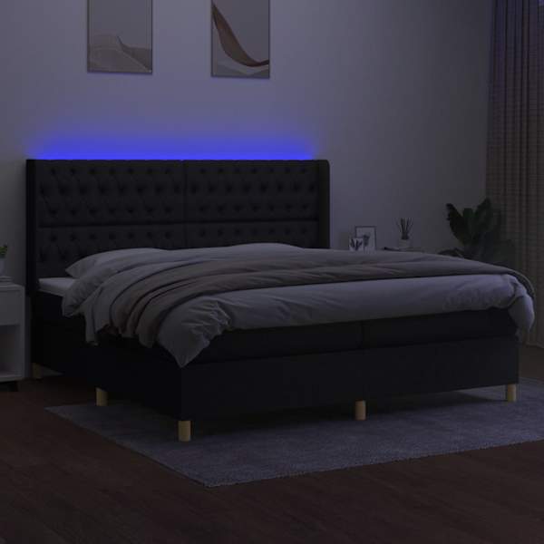 LED-valgustusega kontinentaalvoodi koos 2 madratsiga, must, 200 × 200 cm, kangas — mudel 3139143
