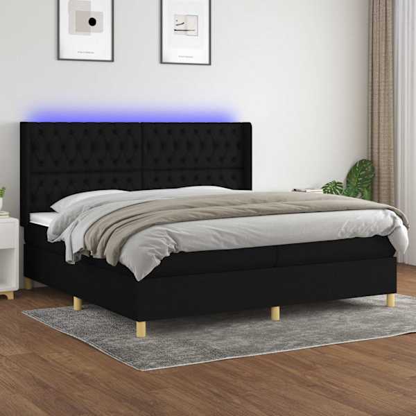 LED-valgustusega kontinentaalvoodi koos 2 madratsiga, must, 200 × 200 cm, kangas — mudel 3139143