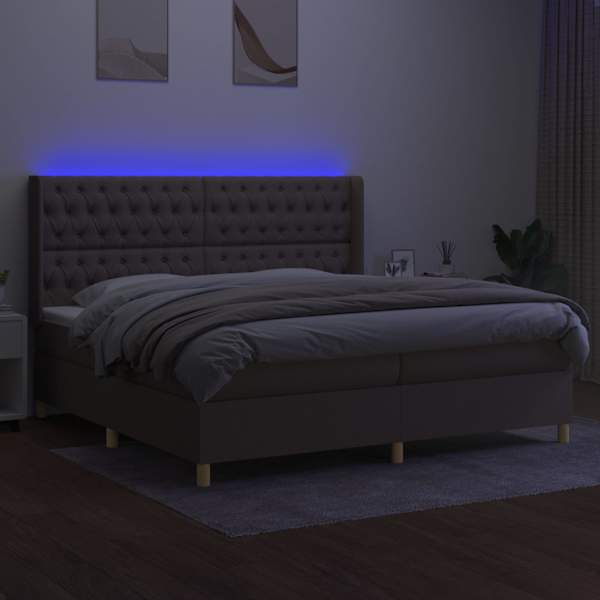 LED-valgustusega kontinentaalvoodi koos 2 madratsiga, pruunikashall, 200 × 200 cm, kangas — mudel 3139145